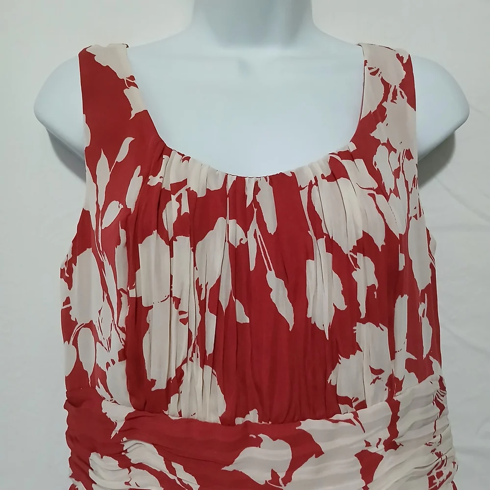 Talbots Brown Cream Dress Sleeveless Elegant Floral Pleats Empire‎ Waist Party